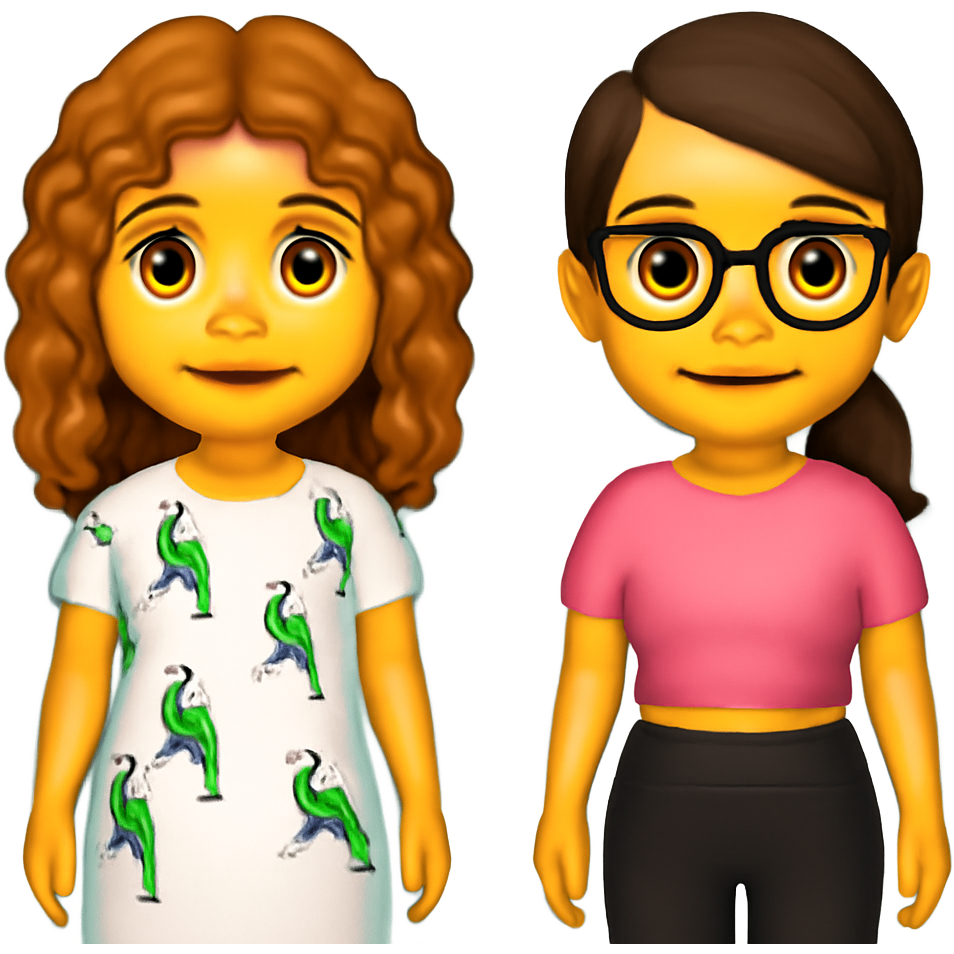 a girl with curly long hair with a white dress with little parrots on it and a other girl with a brown low ponytail with a pink crop top and black leggings and black glasses