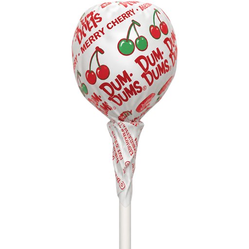 Dum-Dums Merry Cherry with Print of the Cherry Being Red on One Side and Green on the Other Side on the Lollipop