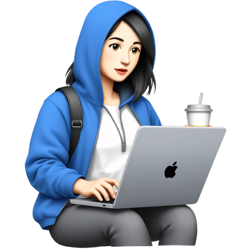 “Sticker of a female character matching the pose and camera angle of the reference photo, blue zip hoodie, white tee, typing on laptop, takeaway cup at right, simplified abstract painting motif behind, clean vector, bold outline, flat colors, soft ambient shadow, Telegram sticker style, 1:1, transparent background.”
