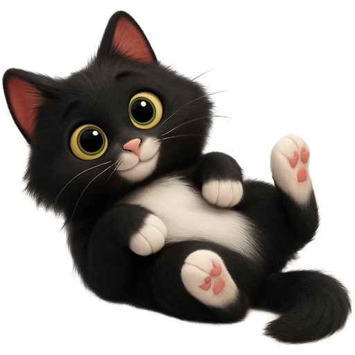 A long haired black cat, with hazel green eyes, four white paws, a white belly, laying somewhat on his back, Pixar-style illustration, isolated, 3d rendering, 8k, 600 dpi