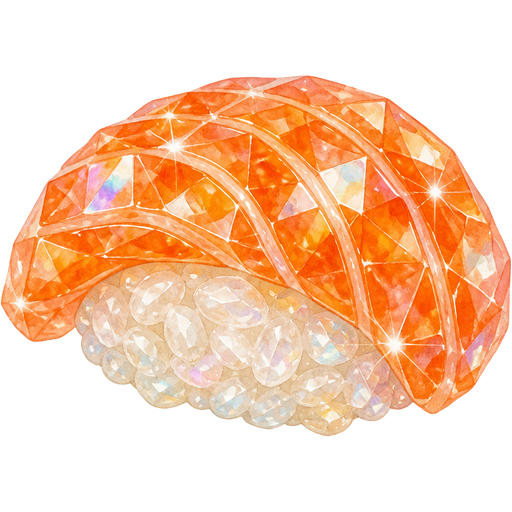 realistic crystal sushi salmon nigiri with glossy translucent orange crystal salmon, pearly rice, sparkling gemstone finish, holographic reflections
