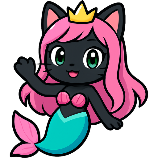 black cat pink long hair crown green eyes very long cyan and white mermaid tail with pink fins swimsuit sonic x style, anime style emoji, cute expressive character