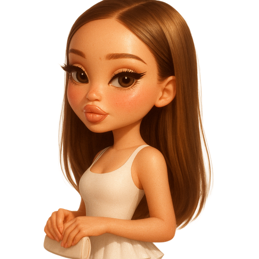 sleek cartoon luxury glam, mini plush Bratz-doll aesthetic, cinematic glow, crisp clean detail, glossy glam skin. brown eyed skinny Petite girl, fair skin with soft freckles, wide face with tall forehead, honey-brown almond wide-set upturned eyes, fluttery lashes, shimmer highlight, plush lips, bottom heavy lip, sweet Belle-princess vibe, medium-long brunette hair with visible caramel highlights, hair sleek and softly straight. softly defined feminine body, soft hourglass shape with full round bust, sleeveless white dress with layered ruffled bottom. peachy-pink blush with shimmer highlight, glossy nude-rose lips, sleek french almond nails. side view, arm bent lightly grazing mini clutch. Cozy romantic glow, soft warm lighting, pop-princess energy