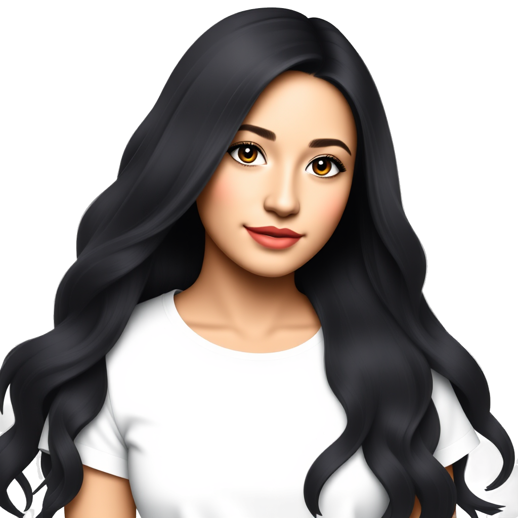 Latina girl with long black half up half down wavy hair brown eyes black winged eyeliner and white round neck shirt