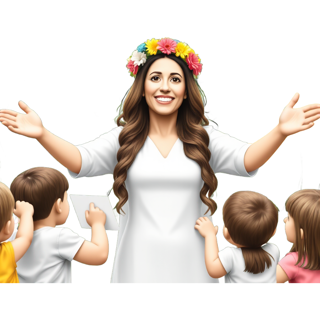 "Joyful Mom’s Day Celebration: A radiant mother wearing a crown of flowers, surrounded by colorful balloons and sparkling confetti, her arms wide open for hugs. Lush greenery in the background as children present her with handmade cards, all encapsulating the warmth and love of motherhood."