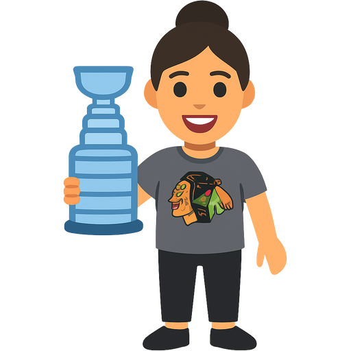 Chicago and Blackhawks logo on the shirt and the hair is in a bun and shoes holding a blue Stanley and she has a big smile on her face