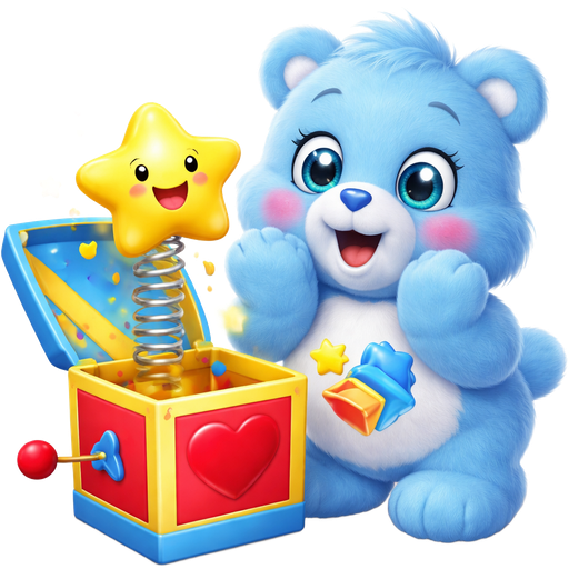 Surprise Sky Blue Care Bear with a Jack in the Box with a Yellow Smiling Star Popping out and a Red Heart on the Front of the Box and yellow in the background with yellow and blue on the inside of the box and blue on the lid on the Stomach with a blue heart nose