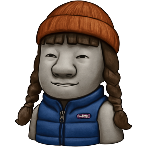 official Apple Moai grey stone statue wearing a Patagonia vest and beanie; cute long braided pigtails hair with bangs
