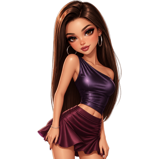 semi-realistic soft cartoon luxury glam, mini plush Bratz-doll aesthetic, cinematic glow, crisp clean detail, glossy glam skin. brown eyed Petite 5ft girl, fair skin with soft freckles, wide face with tall forehead, honey-brown almond wide-set upturned eyes, fluttery lashes, shimmer highlight, plush lips, bottom heavy lip, sweet Belle-princess vibe, long straight brunette hair with visible caramel highlights, wearing a deep violet fitted asymmetrical satin top with sleek shaping, a plum mini skirt with polished draping and subtle movement, silver hoops, hair in sleek hair with a glossy side part and lifted volume, makeup with smoked plum shimmer, sharp liner, cool blush, and a glossy mauve lip, posing with cool fierce-fairy energy and a confident little smile