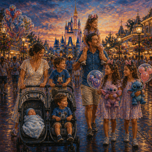 give me a mom strolling her newborn baby boy and a toddler boy and a double stroller and the six-year-old brother is riding on the double stroller and the Dad has a five year-old sister on his shoulders and the 10 year-old twin sisters have plushy‘s and balloons in their hands and they’re at Disney World with an evening view and it’s crowded