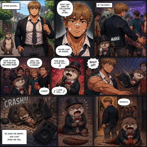 A Lifelike and Detailed Anime Comic book story about of a Bulky and Beefy and every Muscle is bigger than average and less shredded or muscular with Chunky and Bulky chest and Biceps and his defined abs ANIME Cute Bara Man American 20 year old with a ROUND and BASIC facial structure and Young Adult BARA CUTE that is Peach Toned skin not anything else MALE not to detailed With bigger than average Pecs that are visible through the shirt and Biceps but slim and Athletic Lower body that makes have a V-Tapper Lower Body and a big Bandaid on his nose and Left Cheek and Right Eye brow with Scars all over his Chest and arms. Wearing a no piercings Wearing a baggy School Uniform and tie with Blazar and Pants and yellowish Brown Hair and Bright Light Brown fluffy Hair and Strait with brown eyes and black eyebrows with a Three finger Slash on his Eyebrow. With no Facial Hair. Coming home from School with his Pet Otter that has a Collar and has a Huge Crush on him but he doesn’t like the otter back, at a House party they the otter is dressed in a suit and top hat. And hey nudges the otter out of the way to get to the front door and when they get in they all bully the otter. And the otter want to sing karaoke love song for him but he doesn’t like it and the otter is thrown at the speakers and then the speakers fall. And the otter looses his tail