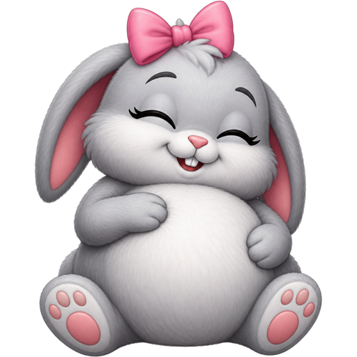 Fluffy grey bunny with a pink bow on her head with a stuffed belly patting her belly from too much food but content