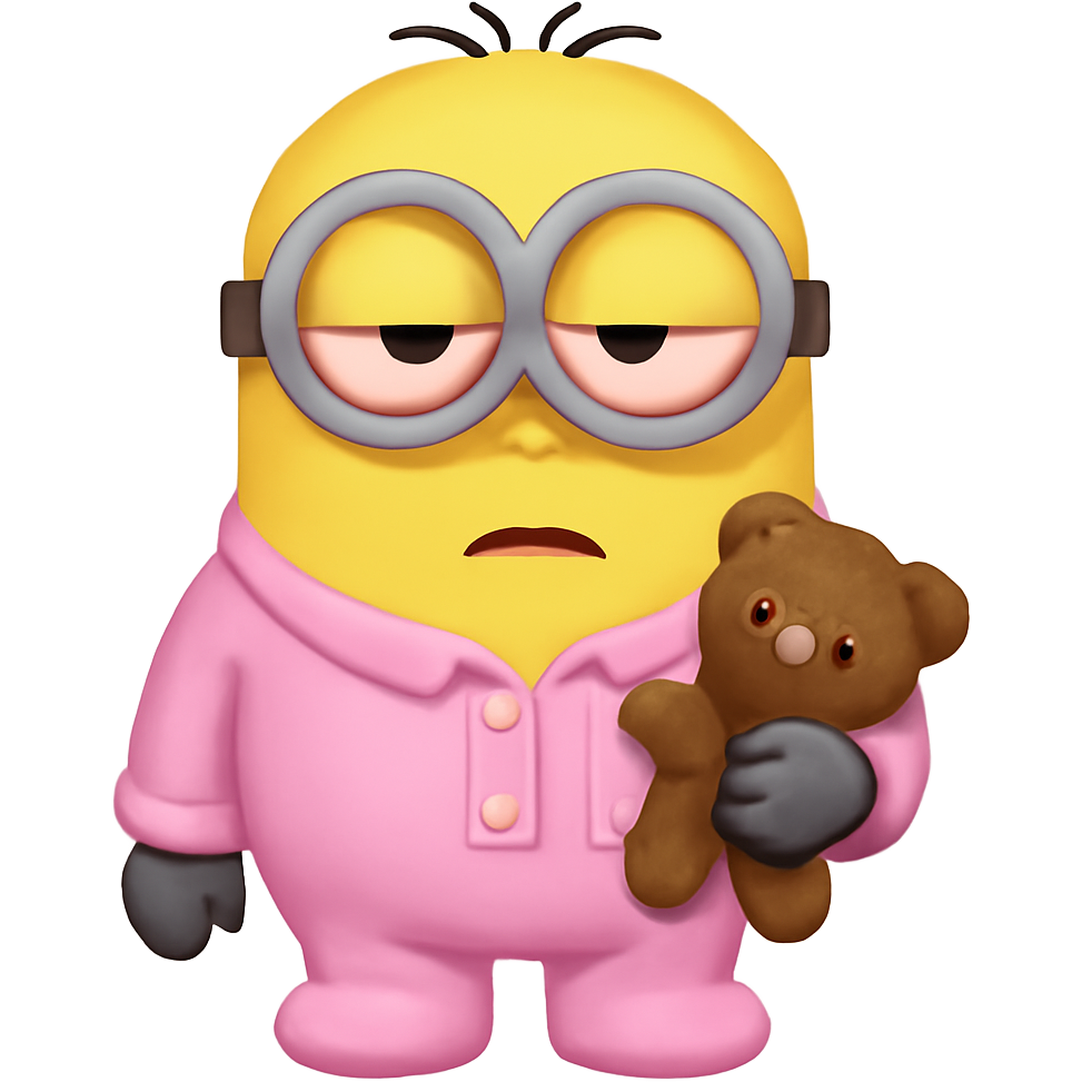a minion, wearing baby pink onesie pyjama, sleepy, eyes heavy, holding teddy in one arm, full body, very cute