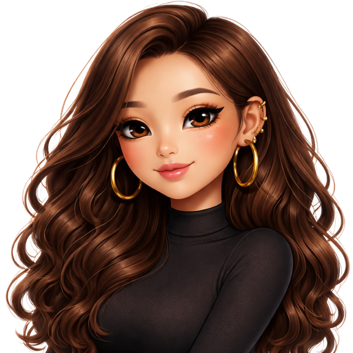 A Asian girl with long brown curly hair with a tight long sleeve black top make her hair more curly and give her lashes give her gold hoop earrings and lots of gold ear piercings take away a few of the earrings and make her eyes more aesthetic and make her aesthetic