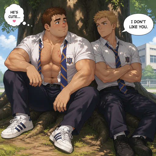 A Full Body view of a Chunky medium sized but Muscular and more Muscle than Fat ANIME CUTE Bara Man Who looks Normal and American with a round facial Structure and Basic facial structure With PUFFY and BIG Pecs that are visible through the shirt and Biceps with a cut on his nose. Wearing an unbuttoned School Uniform. Sitting by his crush on a tree and looking into his eyes and tinking he’s cute. His crush says “I don’t like you”