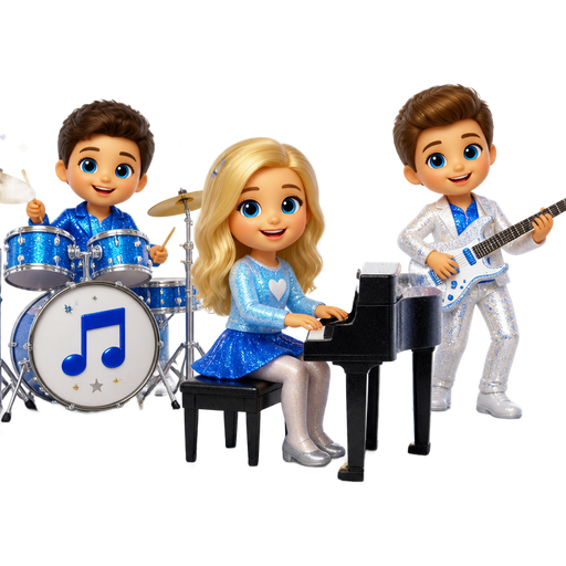 Make a music girl playing the piano that has blonde hair and light blue glittery top with a white heart on the top then a blue glittery skirt with light silk tights she has one boy in a blue costume. That’s also glittery playing the drums and a another boy that’s playing the guitar with white glittery like the other boy and they’re on a stage with confetti around them