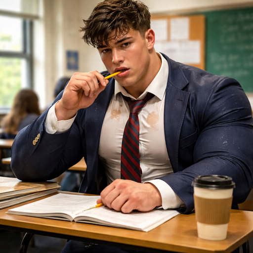A Full Body Image of an Incredibly Muscular White skinned Teenager with a Basic and Round Facial Structure with Dark Brown hair and brown eyes and Big Pecs that Are Noticeable through the shirt with a Grotesque and Huge wrestler’s body. In a School Classroom. Buttoned up in a Collard White Shirt with a Blazer and Tie drenched in Sweat with a Pencil in his Mouth Looking at his Paper Thinking. with Coffee on his Desk