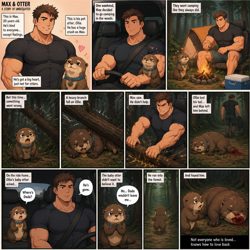 A Lifelike and Detailed book story about of a Bulky and Beefy and every Muscle is bigger than average and less shredded or mus A Lifelike and Detailed Comic book story about of a Bulky and Beefy and every Muscle is bigger than average and less shredded or muscular with Chunky and Bulky chest and Biceps and his defined abs ANIME Cute Bara Man American 20 year old with a ROUND and BASIC facial structure and Young Adult BARA CUTE that is Peach Toned skin not anything else MALE not to detailed With bigger than average Pecs that are visible through the shirt and Biceps but slim and Athletic .His Pet Otter that has a Collar and has a Huge Crush on him but he doesn’t like the otter back. And the otter one time went camping and the otter was thrown in the forest and a branch fall on him and he(the human) pushes the branch down more and the otter looses his tail and he leaves the otter in the forest. and the otter’s baby otter asks were dada in the car and he(the human) says gone the baby tries to deny it and goes into the forest and saw the Pet Otter