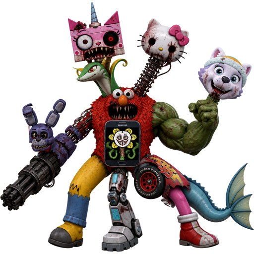 Amalgamation unikitty's head with serperior's neck with hello kitty's head with mangle's neck elmo's body with Samsung phone with omega flowey's face on it toy Bonnie's left arm with left Gatling gun hand weapon hulk's right arm homer simpson's left leg teen titans go cyborg's right leg with lightning mcqueen's wheels amy rose's back leg and vaporeon's tail with everest's head