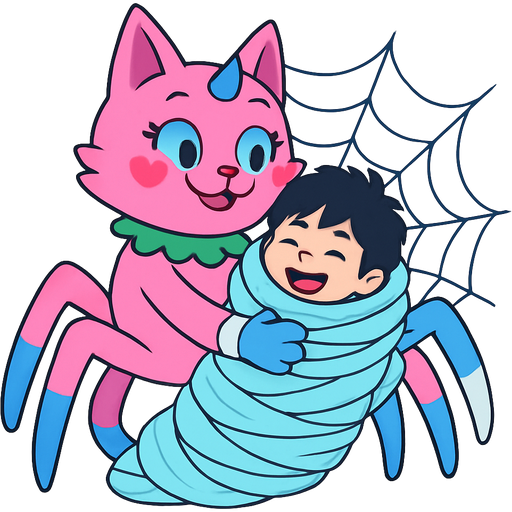 giant pink cat spider hybrid with blue horn green neck blue eyes with eyelashes heart shaped cheeks white wrists blue hands white ankles yellow feet blue and white tail happy hugging #B8FFFF slikworm cocooned pod black haired boy happy covered with #B8FFFF huge coating of #B8FFFF slik and huge #B8FFFF slik wrappings and huge #B8FFFF webbing wrappings #B8FFFF