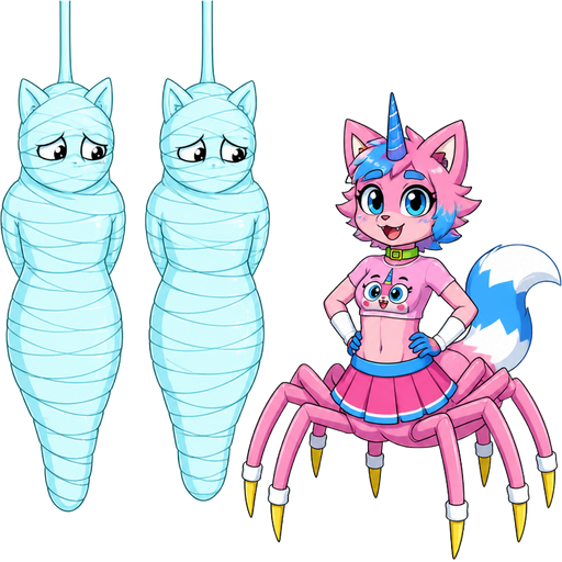 wrapped up and mummified fully covered in a #B8FFFF spider slik cocoon shaped like anthro female cat anthro worried arms behind back with #B8FFFF spider slik wrappings completely covered with thick layers non-transparent #B8FFFF spider slik wrappings hanged to the ceiling on the left side next to wrapped up and mummified fully covered in a #B8FFFF spider slik cocoon shaped like anthro female cat anthro worried arms behind back with #B8FFFF spider slik wrappings completely covered with thick layers non-transparent #B8FFFF spider slik wrappings hanged to the ceiling the left side next to happy anthro femboy pink cat drider with blue and white tail white wrists blue hands white ankles yellow tips on spider legs green collar blue unicorn horn wearing femboy clothing based on unikitty