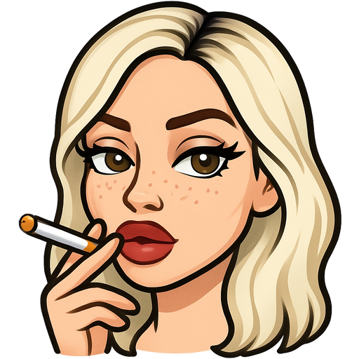 Female baddie with full but not too big lips a slight bump on her nose with freckles hazel eyes long lashes very fair skin smoking a cigarette with medium long slightly wavy ice blonde hair and dark roots parted to the side