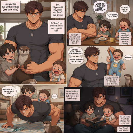 A DETAILED AND LIFELIKE LONG Anime Comic Book story view of a Bulky but Muscular ANIME Cute Bara Man With Peach toned skin Who looks Normal aind round facial Structure and Basic facial structure With Puffy and Big Pecs that are visible through the shirt and Biceps and Bandaid on his nose and Brown short hair that makes them look tough. Wearing normal With his pet Grown and healthy realistic otter and 2 little brothers that are in different ages but young. Him and he hates both of them and they’re both scared of him and he disciplines the baby with cute clothes on a lot And the middle child who is innocent, and DaBaby always gets him in trouble