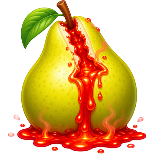 A brightly colored Pear splitting open by the top middle leaking lots of red juices that somewhat sizzle like lava (doesn’t effect the pear itself), It still looks delicious
