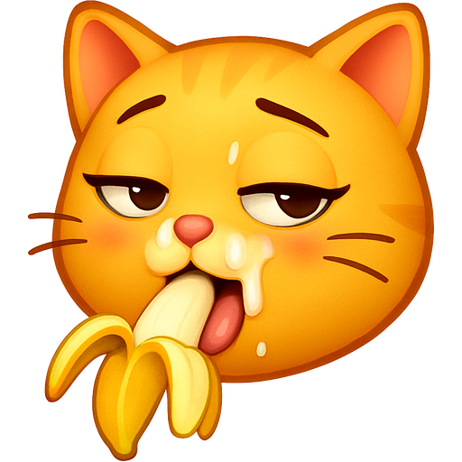 Embarrassing cat emoji face eating banana in mouth, with dripping cream on face and eye like tasty and sexy expression