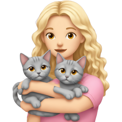A hot pale girl with long blonde curly hair, wearing a pink top, hugging a cute grey british shorthair cat with orange eyes