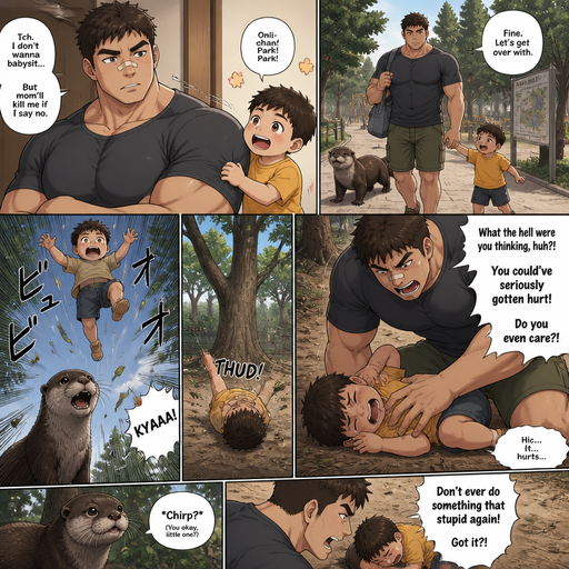 A DETAILED AND LIFELIKE ANIME Comic Book story view of a Bulky but Muscular ANIME Cute Bara Man With Peach toned skin Who looks Normal aind round facial Structure and Basic facial structure With Puffy and Big Pecs that are visible through the shirt and Biceps and Bandaid on his nose and Brown short hair. With A realistic otter and baby brother. And He doesn’t like his baby brother And he goes and take his baby brother to the park. The baby brother flies to a Tree and lands on the floor then And his hand pushes down On the baby brother‘s chest and Cries laying on side holding his chest. And Scolds the baby.