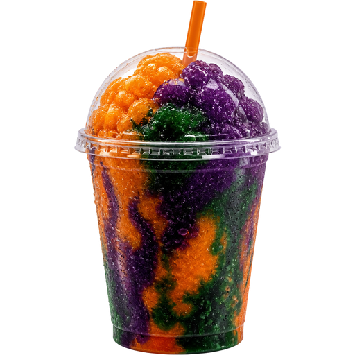 Halloween Shaved Ice Slushie in a Plastic Cup and Plastic Dome Lid with a Straw Mixed in with Extra Syrup and it’s Orange, Dark Purple and Dark Green
