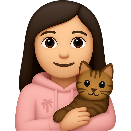 Girl with long dark brown hair wearing a light pink hoodie with an even lighter pink palm tree in the left corner holding a brown and black tabby cat