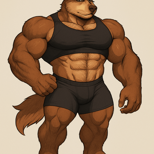 A Full Body view Huge Buff and Muscular Bara Dog Furry Humongous Chest and Biceps,With Brown Hair with Blond Highlights and brown Eyes, with a Hairy Chest and Stubbled Beard in a Crop Top