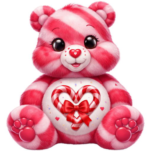 Sugar Heart Care Bear with Candy Cane Red and Pink Striped Pattern Fur with a Heart-Shaped Candy Cane on the Stomach and a red heart nose covered in Light Red Hearts