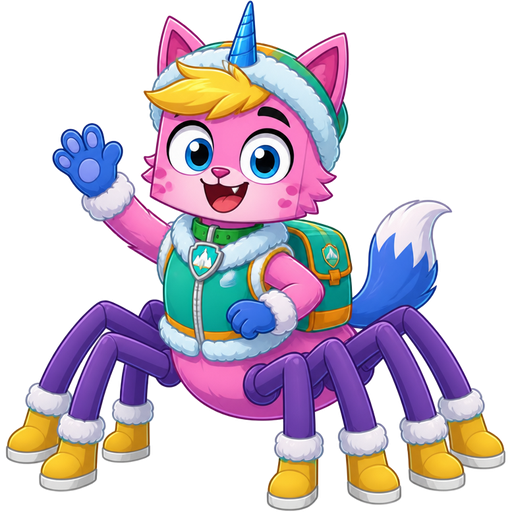 happy male pink cat anthro furry boy drider with yellow hair blue and white tail white wrists blue hands purple spider legs white socks yellow boots green collar blue unicorn horn based on unikitty wearing everest's hat and everest's clothing with everest's backpack