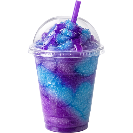 Mermaid Shaved Ice Slushie in a Plastic Cup and Plastic Dome Lid with a Straw Mixed in with Extra Syrup