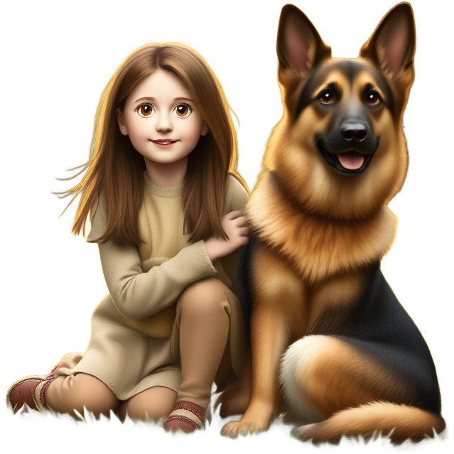 "Warm sunlight filtering through trees, a girl with brown hair sitting beside her loyal German Shepherd in a dreamy meadow."