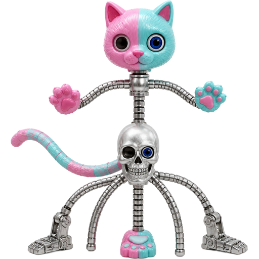 toy pink and blue cat head one blue doll eye are on right toy pink and blue cat paws skeleton like body made of sliver flexible hoses toy pink and blue cat tail with sliver human skull head with blue doll eye on left eye socket 3 spider like legs made of sliver flexible hoses with attached 2 endoskeleton feet 1 toy pink and blue cat foot happy meal toy