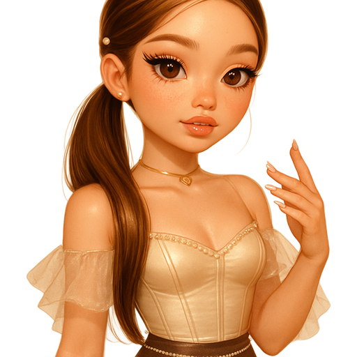 luxury glossy bratz-anime romantic aesthetic, warm cinematic glow, crisp clean detail, glossy glam skin. brown eyed Petite girl, fair skin with soft freckles, wide face with tall forehead, honey-golden almond wide-set upturned eyes, fluttery lashes, shimmer highlight, plush lips, bottom heavy lip, sweet Belle-princess vibe, long straight brunette hair with visible light blonde highlights, softly defined feminine body, soft hourglass shape with full round bust, peach-glazed sugar clinging to fingertips, cropped satin corset in whispering champagne-beige, structured with soft boning and subtle sheen catching warm light, neckline rimmed with miniature crystal droplets reflecting faint pink sparkles, off-shoulder mesh sleeves that ripple like butterfly wings, paired with a high-waisted mocha micro-skirt hugged by a delicate rhinestone waistband; glossy taupe platform boots towering and soft at the ankle, faint reflection of pastel lights along their patent surface; hair slicked into a low side ponytail, honey-brown with warm threads of gold, secured with a single pearl clip that glows like morning dew; skin kissed with rose-gold radiance along collarbones, cheeks dusted in muted toffee blush, lips glazed with clear vanilla gloss, gold heart choker resting against hollow of throat, nails glassy almond-pink tipped with silver shimmer. Cozy romantic glow, soft warm lighting, pop-princess energy