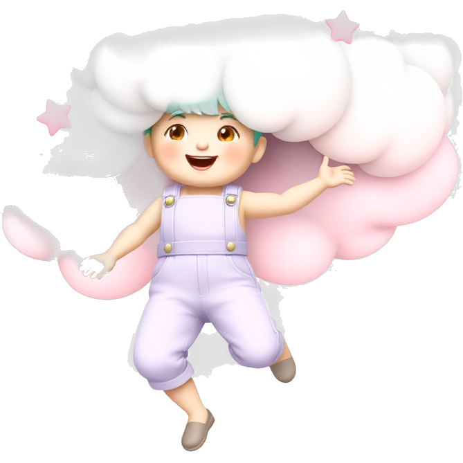 "Pastel Whirlwind: A cotton candy cloud twirls with rosy pink and mint green stars, as a cheerful character in soft lavender overalls dances joyfully. Surrounding sparkles glimmer in gentle yellow, embodying an effervescent spirit of joy and anticipation, radiating warmth and charm in every hue!"