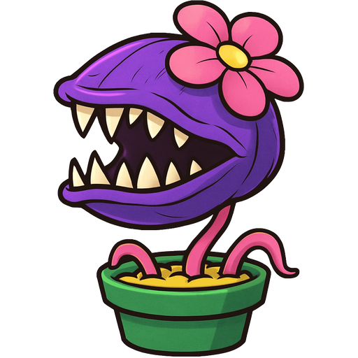 purple clam with pink flower petals sharp teeth pink stem in a green flower pot with yellow dirt pink tentacles sticking out of some cracks