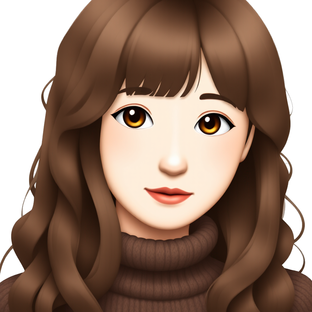 It is a asian girl. Her hair is long brown, quite curly. She also has bangs. She has sakura colored lips. Her eyelashes are long. She wears brown sweater.