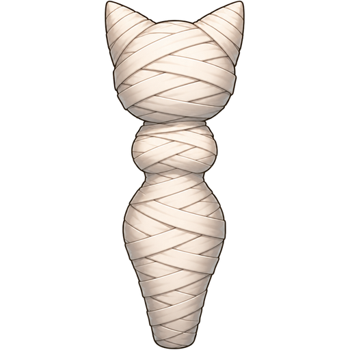 Character Design: Features prominent cat ears at the top of the head and a distinct hourglass silhouette.Artistic Style: Clean digital line art with soft, smooth gradient shading to create dimension along the wrapped layers.Thematic Elements: The character is wrapped completely from head to toe with visible facial features, hands, or feet, resembling a stylized bandage cocoon or traditional mummy wrap.