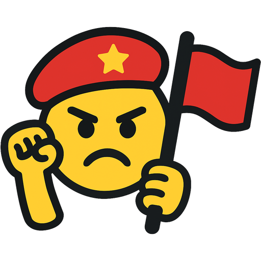 cartoon emoji of a communist activist, red beret with star, raised fist, red flag, revolutionary expression, simple emoji style, bold outlines, flat colors, sticker design