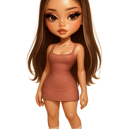 luxury glossy bratz-anime romantic aesthetic, warm cinematic glow, crisp clean detail, glossy glam skin. Petite girl, fair skin with soft freckles, wide face with tall forehead, honey-brown almond wide-set upturned eyes, fluttery lashes, shimmer highlight, plush lips, bottom heavy lip, sweet Belle-princess vibe, long straight brunette hair with visible light blonde highlights, softly defined feminine body, soft hourglass shape with full round bust, Dusty rose knit mini dress, White lace socks, Mary Jane heels, Blush-soft glam + doll lashes, pop-princess energy, shimmer highlight, sparkly glow