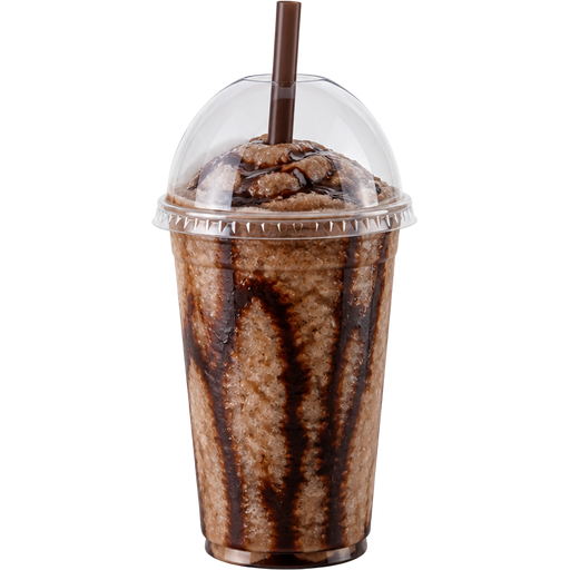 Mocha Shaved Ice Slushie in a Plastic Cup and Plastic Dome Lid with a Straw Mixed in with Extra Syrup