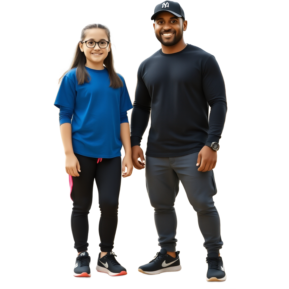 The image features two individuals in a gymnasium setting, highlighting a moment of camaraderie. The lighting is bright and natural, enhancing the warm atmosphere. The first subject, a young girl with glasses, wears a blue shirt and black pants with a pink accent, exuding a cheerful vibe. She stands close to the second subject, a man in a black long-sleeve shirt and cap, whose outfit includes stylish sneakers and accessories. Their body language reflects a friendly interaction, with both subjects smiling. The background includes muted gymnasium elements like wooden floors and minimal gym apparatus, emphasizing the focus on the subjects. The composition is balanced, with the subjects positioned centrally, drawing the viewer's eye. Overall, the image conveys a positive and engaging environment.