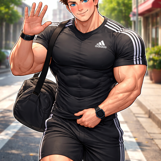 A Real life Full Body Image of a Hunky and Muscular, Handsome and Masculine Bodybuilder with Brown Spiked hair and Blue eyes and with Chunky Arms and Pecs and Very Stocky Body. Wearing A Perfectly sized Adidas Sleeved Dri-Fit Athletic Shirt and Shorts. Blushing under his eyes. Walking on the street. Waving at you Shyly. While Scratching something under your shirt