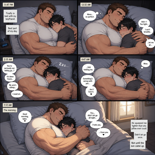 An Anime comic book of a big and tall but Muscular and more Muscle than Fat ANIME Man Who looks Normal and American with a round facial Structure and Basic facial structure With Puffy and Big Pecs that are visible through the shirt and Biceps. Wearing a White shirt and Pajama shorts. Sleeping with his Boyfriend and he Cuddles him. And He squeezes him and Doesn’t let go until morning